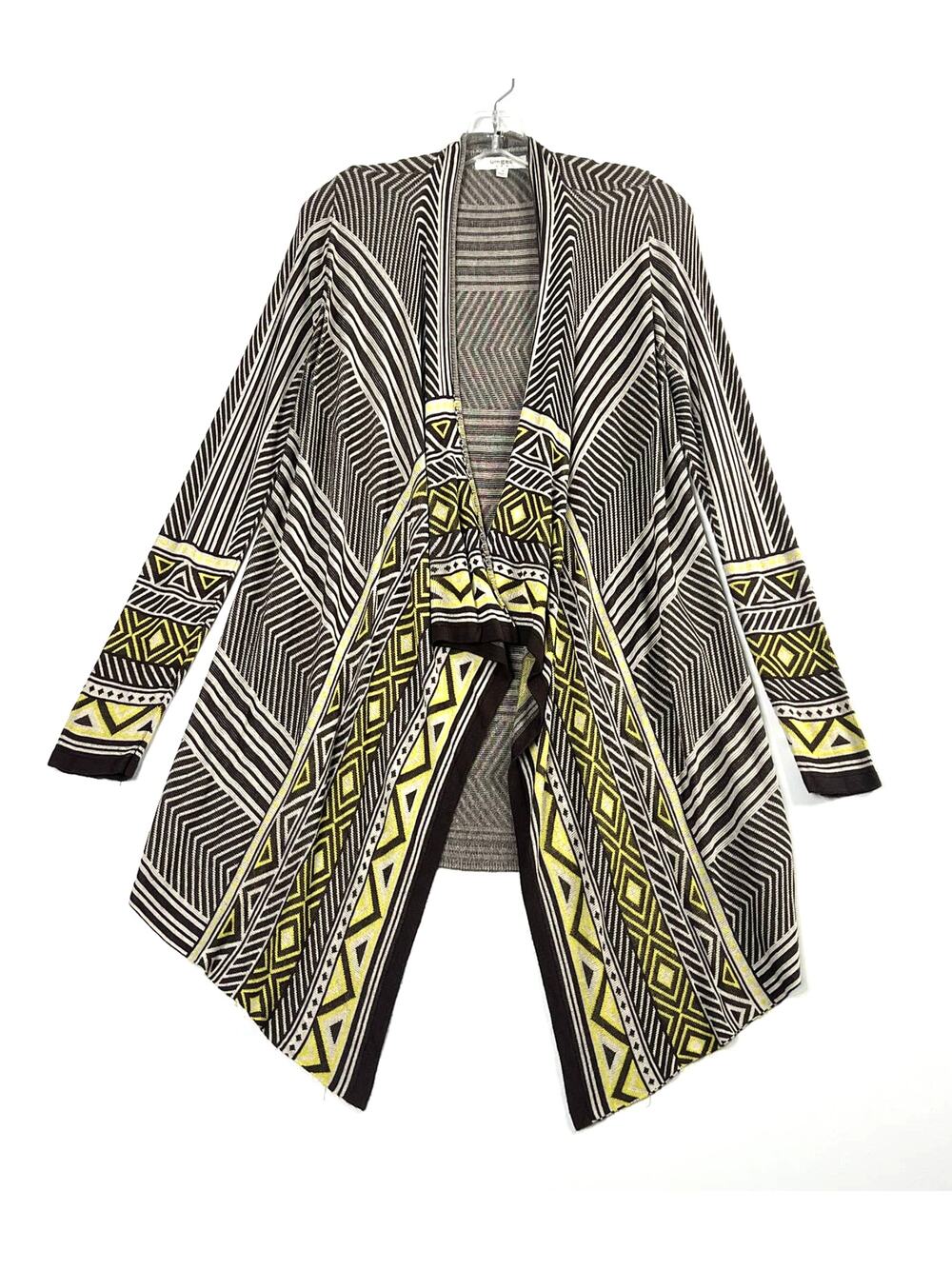 Umgee Long Sleeve Aztec Drape Open Front Cardigan Boho Brown Yellow Medium